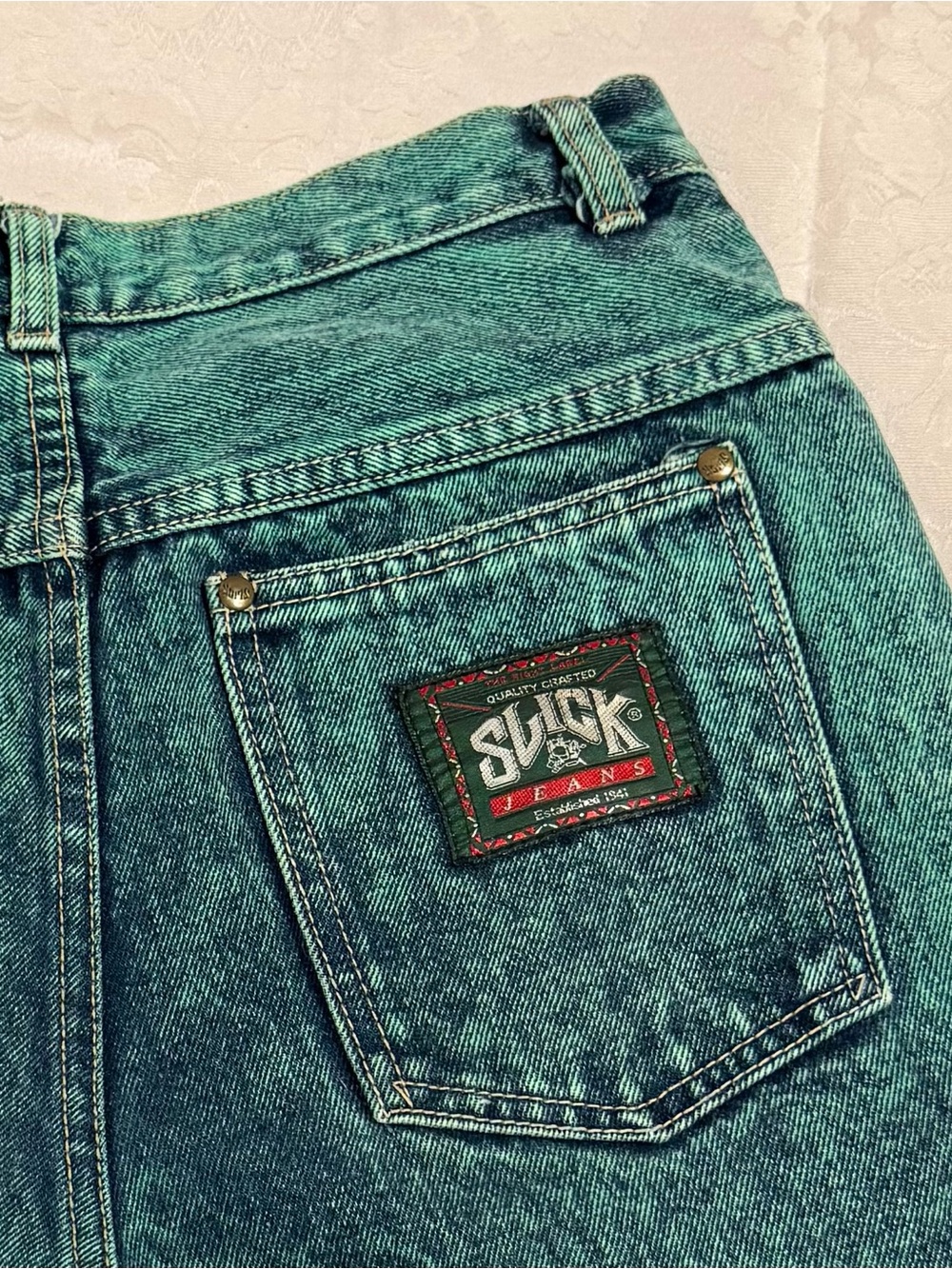 Vintage Slick Men's Denim Jeans, Size 32 x 32, Straight-Leg, Acid Wash Teal, Y2K - Picture 8 of 11